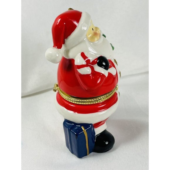 Santa Carrying Tree Porcelain Christmas Trinket Box Hinged Gold Accents - Picture 6 of 11